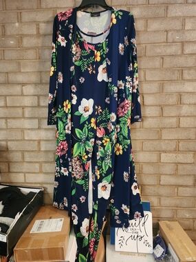 Discreet Navy Floral Print Jumpsuit With Matching Cardigan